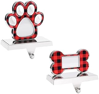 EBANKU 2 Pack Christmas Stocking Holder Dog, Free Standing Anti-Slip Metal Silver Dog Bone and Paw Print Stocking Holders Xmas Fireplace Hanger Hooks for Mantel Shelf Stand Christmas Decoration