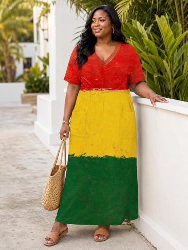 Image of Plus Size Maxi Dress for Women Short Sleeve V Neck Casual Loose Sundress with Pockets
