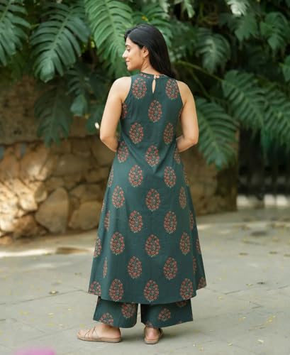 Image of GoSriKi Co Ord Set for Women Viscose Printed | A-Line Kurta Palazzo Set for Woman | Round Close Neck Sleeveless Ethnic Dress Stylish Coord Outfit Trendy Womens Clothing