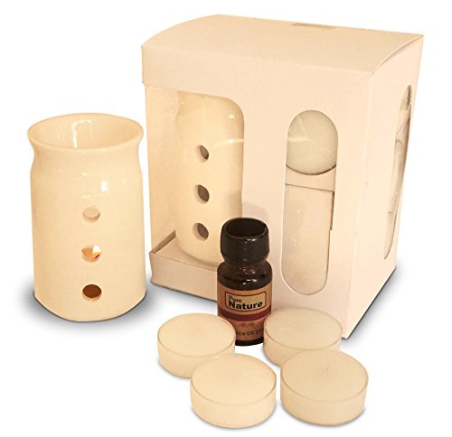 Image of Pure Source India Aroma Set with 10 ML Aroma Oil and 4 Tea Light Candles, Lemon Grass fragnance, Off White