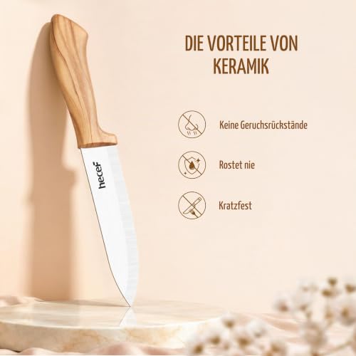 Foto von hecef Keramikmesser Set 3-teilig Olivenholz-Optik, Küchenmesser mit Hülle