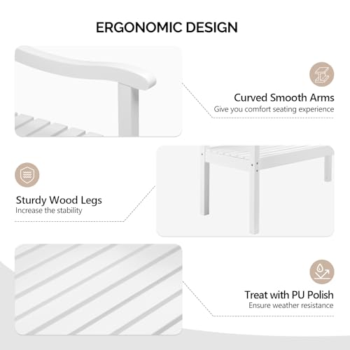 Image of VINGLI 50 inch Outdoor Wood Bench, Weatehr Resistant Wooden Garden Patio Bench with Comfortable Backrest & Curved Armrest, 800lb Capacity Loveseat for Front Porch Park Yard Deck (White, Dense Slatted)