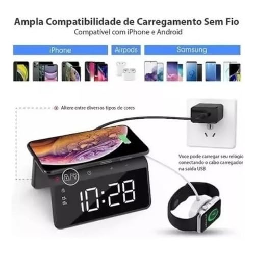Base De Carregamento Sem Fio Com Relógio Digital Despertador Luminária 8 Cores Design Elegante Carre