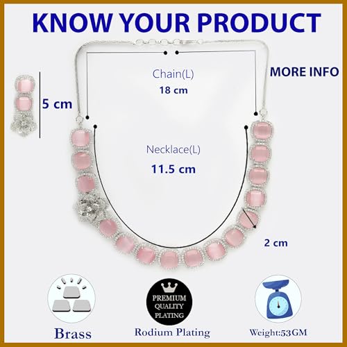 Image of ZENEME Jewellery Set Classic Style Rhodium Plated AD /American Diamond Studded Silver Plated Bejeweled Rose Necklace Jewellery Set for Women & Girls