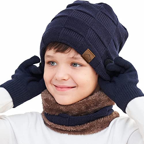 Image of KMOLY Kids Winter Beanie Hat Scarf Touchscreen Gloves Set for Boys Girls 4-15 Years Warm Skull Cap Fleece Lined Knitted Hat