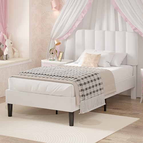 Image of VECELO Twin Size Bed Frame with Upholstered Headboard, Velvet Platform Bedframe Mattress Foundation, Strong Wood Slat Support, No Box Spring Needed,White