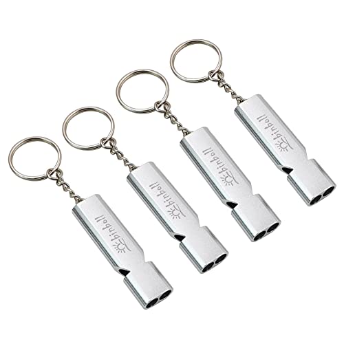 binboll Double-Tube Whistle Aluminum Alloy Survival Whistle with Necklace for Outdoor Needs Sports Referee Emergency(silver-4pack)