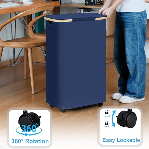 Image of efluky Laundry Basket with Wheels, Tall Rolling Laundry Hamper with Lid and Removable Bag, Aesthetic Dirty Clothes Hamper on Wheels for Laundry Room, Bedroom, Dorm and Bathroom, 100L Blue