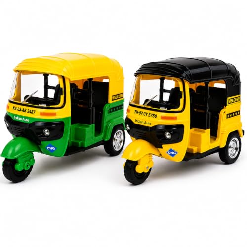Image of PLUSPOINT Auto Rickshaw Toy,with Pull Back Action City Traffic Vehicles Public Transport Toy with Light and Sound for Aged 3 4 5 6 Boys and Girls,Kids Party Favors Gifts (Green- 2Pc)
