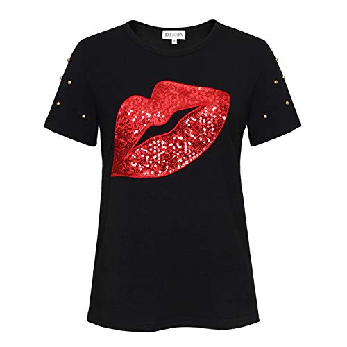 PESION Womens Short Sleeve T-Shirt Sequined Tops O-Neck Funny Graphic Tees Blouse Small Black+ Red Lips
