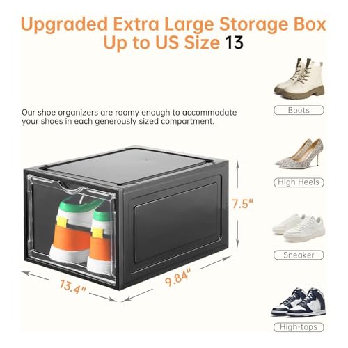 Image of Clemate Upgraded X-Large Shoe Storage Box,12 Pack,Shoe Box Clear Plastic Stackable,Drop Front Shoe Box with Clear Door,Shoe Organizer Containers For Sneaker Display,Fit up to US Size12, Black