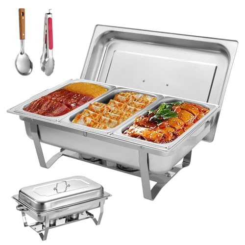 El Mejor Listado de Calentadores de comida . 47 SAWGENTO Chafer Bufetera Plegable de Acero Inoxidable Plateado, 3 Compartimentos, 11L, Calentador de Buffetera Alimentos, Ideal para Buffets, Picnics y Fiestas