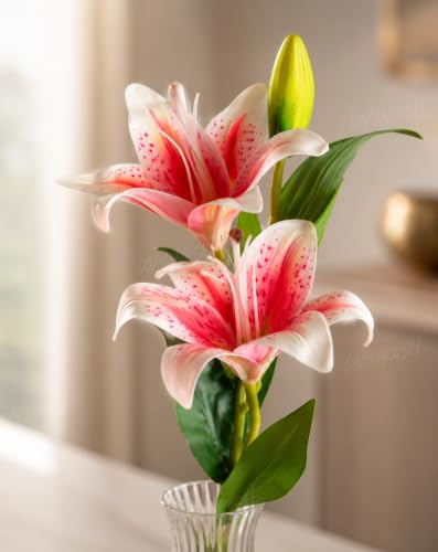 Image of Divyakosh Artificial Flower Bunch - Multiflora Fabric (1 Stick - 2 Lily Flowers) Home Decor, Bedroom, Living Room, Wedding & Festive Decoration (Color - Pink) (Without Vase)