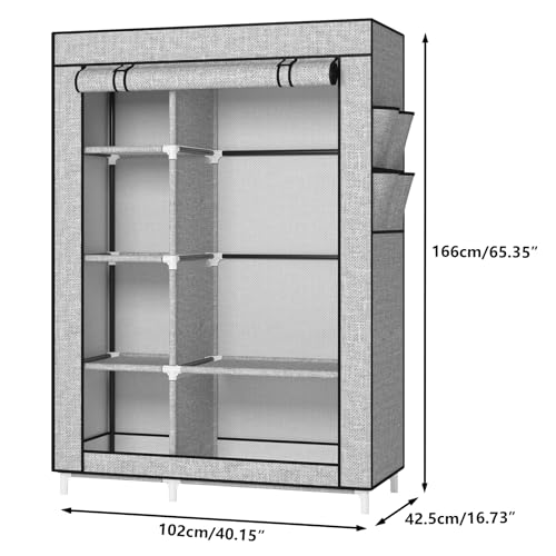 Calmootey Portable Closet Organizers, Clothing Storage, Wardrobe with 6 Shelves and Hanging Rod, Non-Woven Fabric Cover with 4 Side Pockets, Ash Grey - Image 4