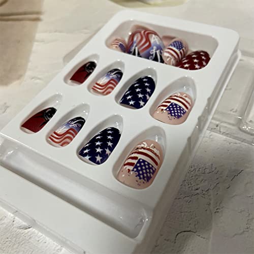 Tyuimhx 4Th Of July Oval Press On Nails Medium Length, Usa Independence Day False Nails American Flag Statue Of Liberty Designs Patriotic Fake Nails Full Cover Stick On Nail For Women Procession Glue On Nails thumb #3