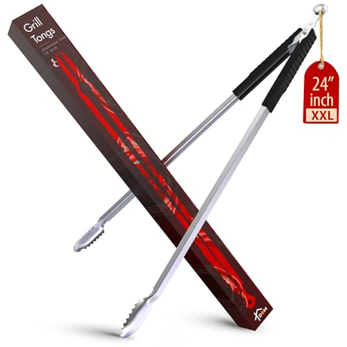 24 inch BBQ Tongs - 1 Year Warranty 100% Stainless Steel Long Metal Grill Tongs for Outdoor Grill Non Slip Handle Locking Mechanism Heat resistant Pinzas de Cocina for steak hot dog and more