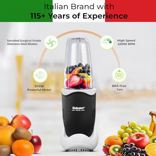 Image of Balzano Bullet Mixer Grinder 500W, 3 Jars-2 Blades, 3 Lids, Blender for Smoothies and Juices, Nutri Blender for Kitchen, Smoothie Maker, Italian Design, Made in India, Black