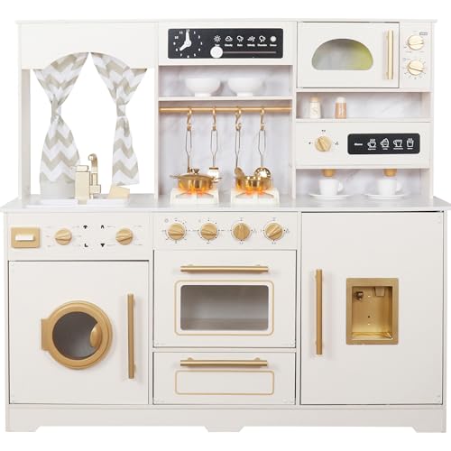 Wooden Play Kitchen Set with Ice Maker, Water Dispenser, Coffee Maker,Big Toddler Toy Kitchens Playset with Washing Machine,Sink with Running Water, Stove with Light&Sound,Gift for 3+boy Girl (White)
