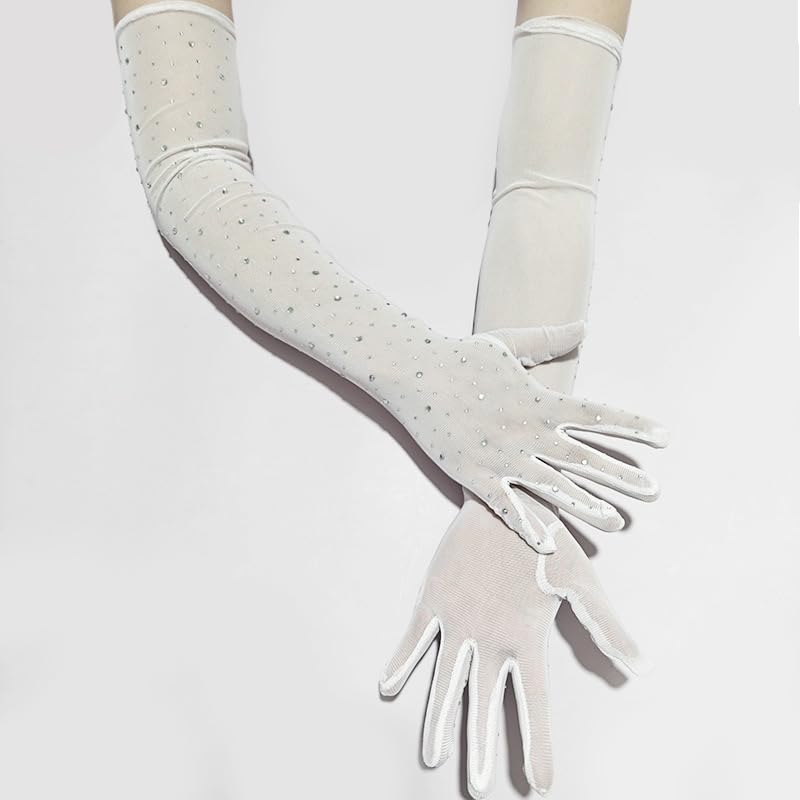 1Pair White Mesh Rhinestone Gloves Long Tulle Sheer Sparkly Elbow Length Stretchy Accessory Party Wedding Glam for Women3