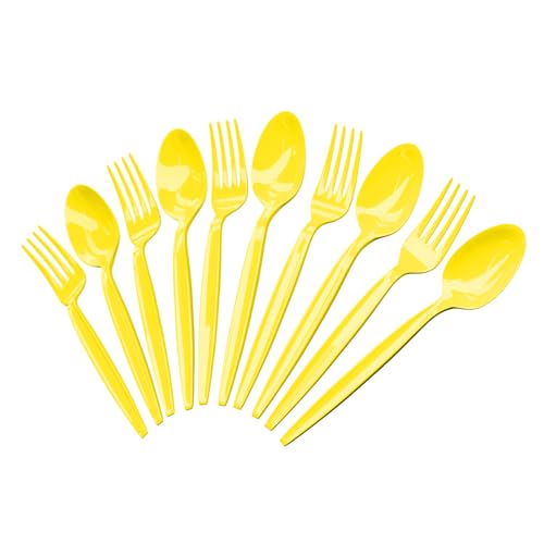 Blue Orchards Yellow Plastic Spoon and Fork Set (50 Each) - Yellow Tableware for Parties, Lightweight Plasticware, Colored Cutleries, Plastic Utensils Set, Disposable Cutlery for Occasions