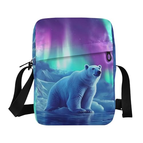 Crossbody Bag Purse Aurora Polar Bear Print for Women Men, Shoulder Pouch with Adjustable Strap 6.6×2.5×9.4 IN