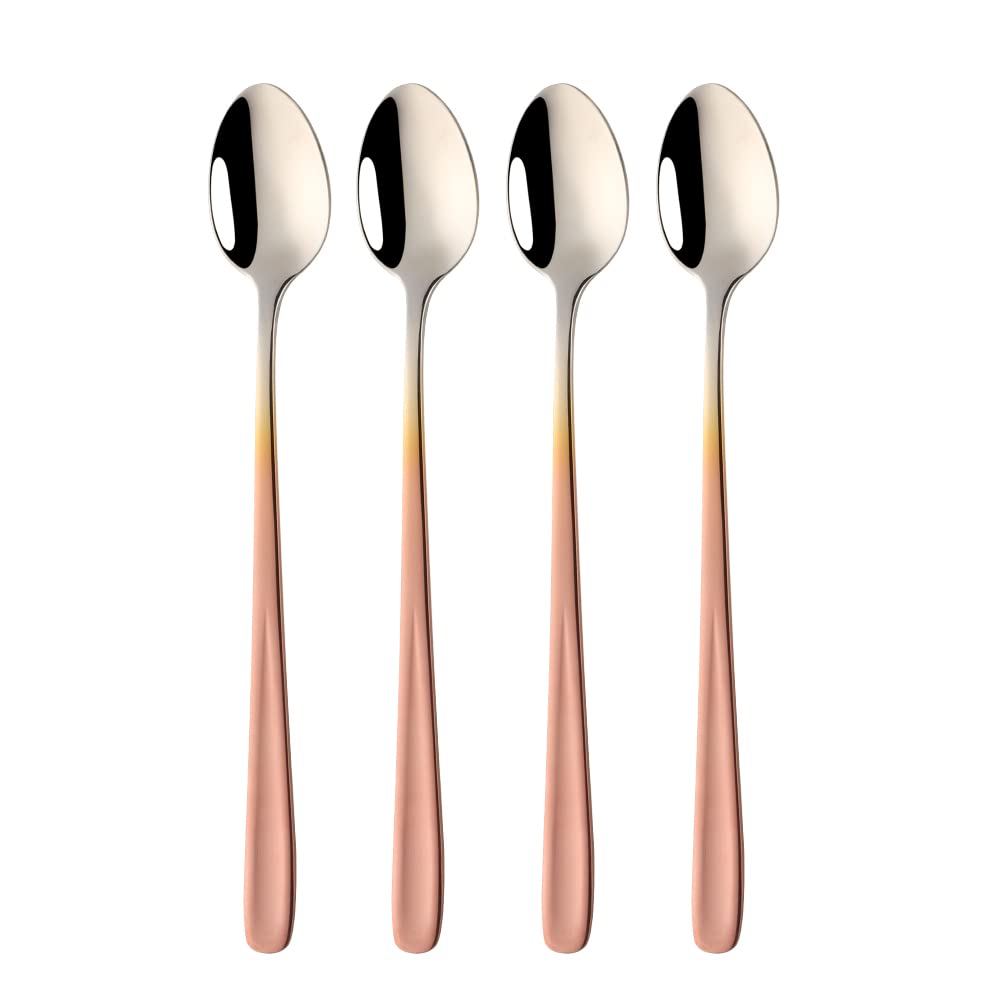 BISDARUN 18/10 Stainless Steel Latte Spoons Gradient Rose Gold Ice Cream Teaspoons 4 Pieces Long Handle Ice Cream Cup Spoons for Hot Chocolate Hot Drink Dishwasher Safe