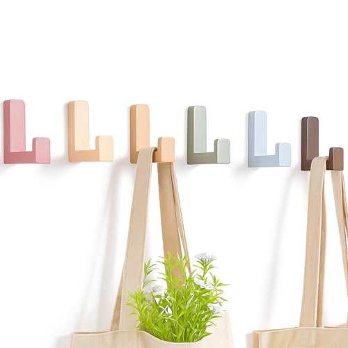 6 Pack Cute Kids Coat Wall Hooks Wooden Adhesive Decorative Colorful Wall Mounted Hangers Backpack Hooks for Hanging Keys Towel Clothes Bathroom Organization(Bohemian Color)