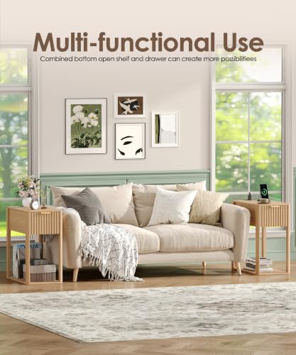 Image of Akxomel Narrow Nightstand with Charging Station Fluted Table Walnut