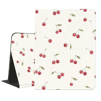 AdorableWhimsy Cute Cherry Printed Case for iPad (A16) 11th Generation 2025 11"/iPad 10th Generation 2022 10.9" with Pencil Holder Folio Girly White Leather Cover Multiple Viewing Stand Case