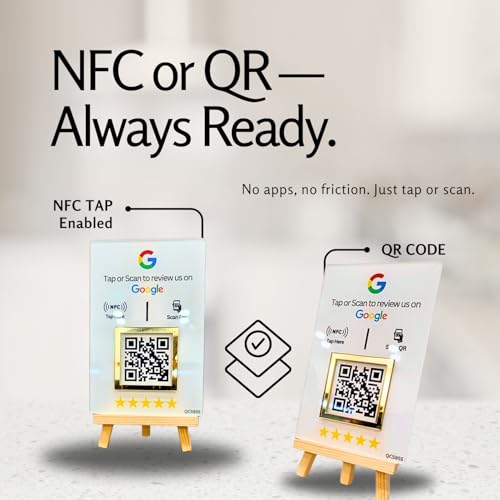 Image of NFC & QR Tap or Scan Feedback Standee for Business - Contactless Link Sharing for Shops, Clinics, Salons, Restaurants - Golden Border - Acrylic Standee