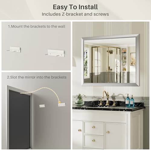 60x40 Inch Silver Bathroom Mirror for Wall, Thick Metal Framed Rectangle Mirrors for Over Sink, Bedroom, Living Room, Entryway, Anti-Rust, HD Tempered Glass