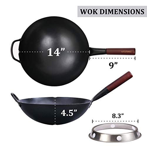 Xeeyaya Carbon Steel Wok Pan With Ring, Chinese Woks And Stir Fry Pans, 14" Large Hand Hammered Traditional Round Bottom Wok #TOP3