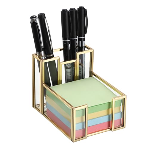 BTSKY Golden Glass 3x3 Inch Sticky Note Holder with Pen Slot, Elegant Post It Note Dispenser with Non-Slip Pads Clear Notepad Holder for Desk Organization Planning, Home Office Decor