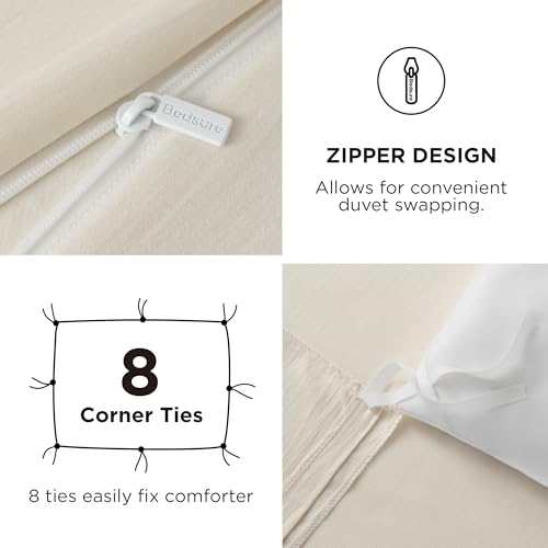Image of Bedsure Duvet Cover King Size with Fitted Sheet - 4 Pieces Prewashed Cotton-Like Soft Bedding Set, Includes 1 Duvet Cover 104x90 Inches with Zipper Closure, 2 Pillow Shams, 1 Fitted Sheet, Oat Milk