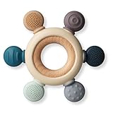 Baby Teething Toys, Silicone Chewable Rings with Organic Wooden, Natural Wooden Ring & Silicone Teething Toys for Newborn, 3+ Months (6 Directions, Gray)