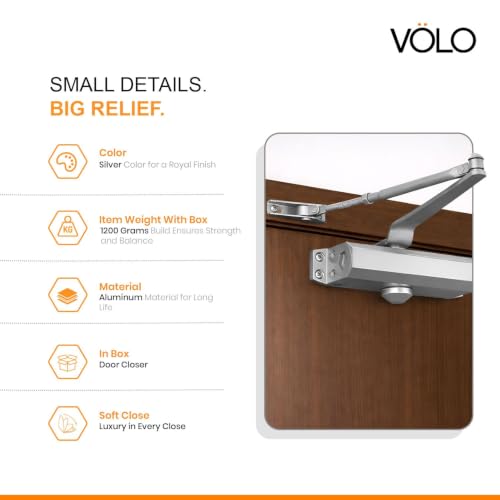 Image of VOLO Door Closer | Heavy Duty Automatic Door Closer | Adjustable Door Speed for Home Office Hotel & Commercial Doors | 1 Year Warranty | (Silver | 65 Kg Capacity | Hydraulic)