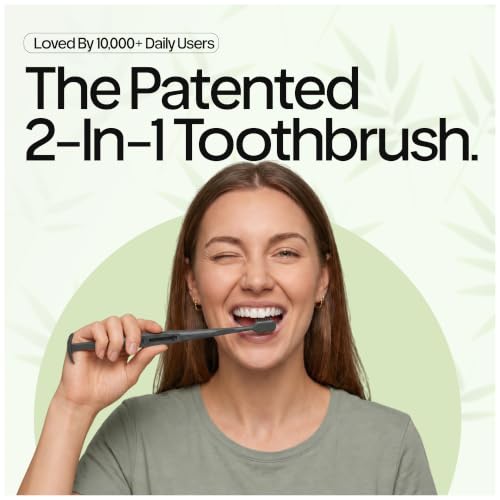 Image of TOKII Tongue Scraper & Tongue Cleaner for Adults, 2-in-1 Toothbrush with Sliding Tongue Scraper, Charcoal Ultra Soft Bristles, Ayurvedic-Inspired, Includes Travel Toothbrush, Stand & Waterproof Pouch
