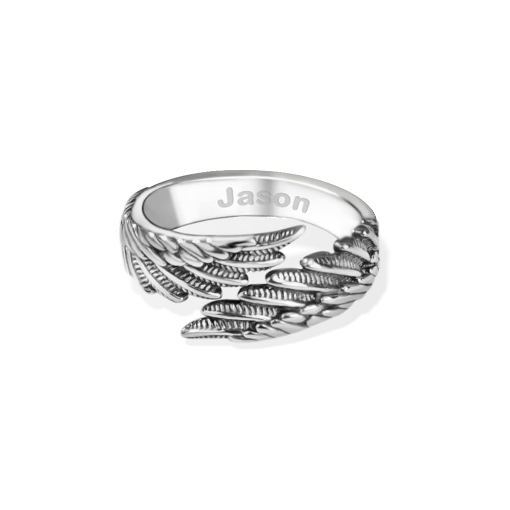 AILINCustom Angel Wing Rings For Women Men 925 Sterling Silver Personalized Engraved Guardian Feather Band Rings Adjustable Memorial Rings Gift For Mom