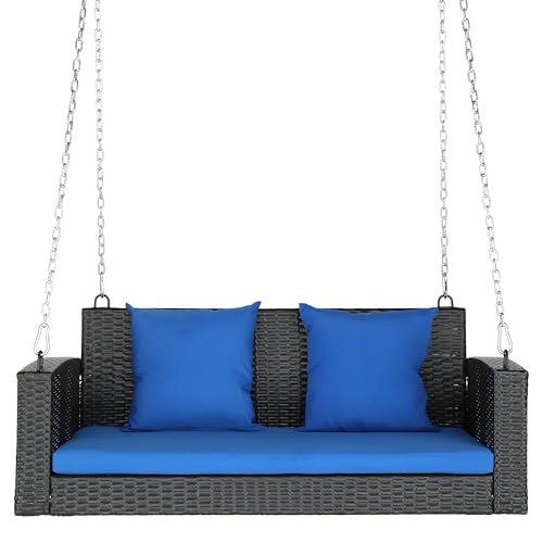 Image of Patio Outdoor Double Seater Swing Chair Without Stand for Balcony, Garden | Weather Resistant Rattan & Wicker Hammock Jhula for Adults | Outdoor Sofa Swing (Black and Blue)