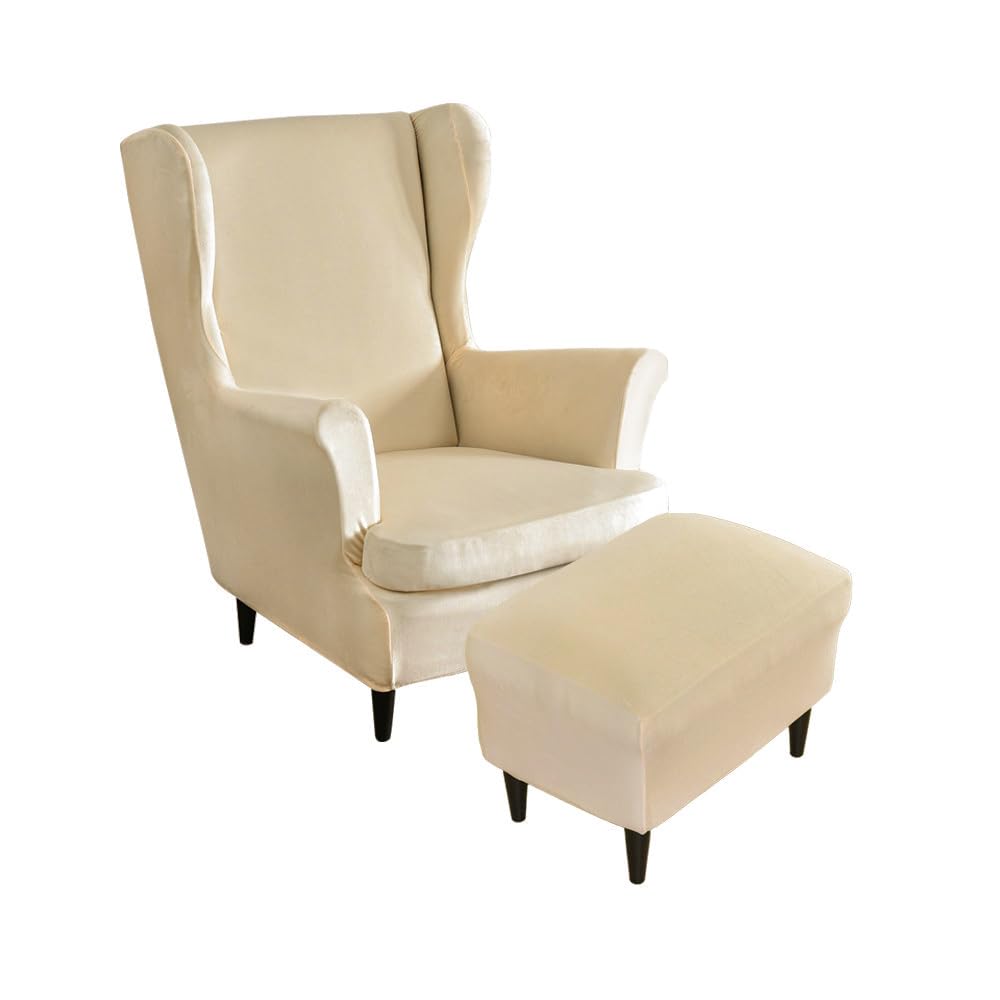 Highdi Beige Velvet Wingback Chair Covers 2 Piece With Ottoman Cover, Stretch Wing Chair Slipcover, Washable Spandex Fabric Sofa Cover Furniture Protector For Armchair Chairs Bedroom Hotel (Beige)