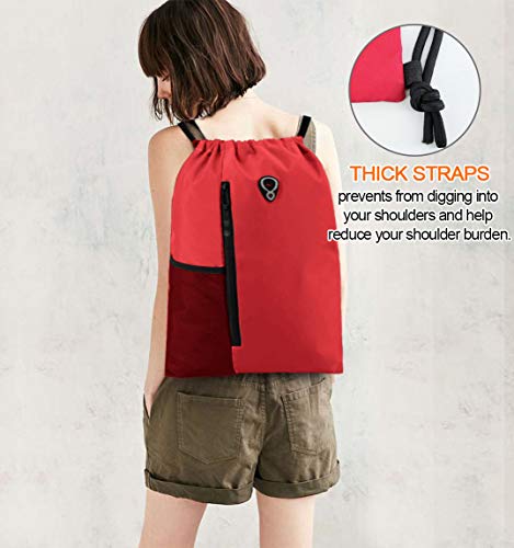 Image of BeeGreen Red Lightweight Drawstring Backpack For Women W Water Bottle Pocket &Front Zippered Pocket Large Sports String Sackpack For Traveling Yoga Beach Outdoor Gym
