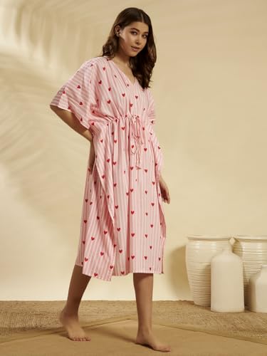 Image of Ravaiyaa Women Printed Cotton V-Neck Knee Length Kaftan Dress Nighty