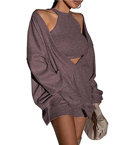Image of ECDAHICC Women's Two Piece Outfits Knitted Halter Neck Crop Tank Tops and Oversized Off Shoulder Deep V Neck Pullover Sweater