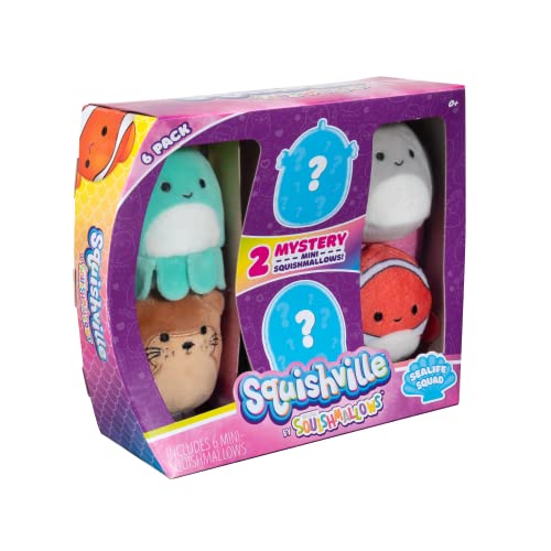 Squishville by Squishmallows SQM0067 Mystery Sealife Squad, Six 2 Sea Animals, Irresistibly Soft Colourful Plush, Mini Shark, Otter, and Seahorse