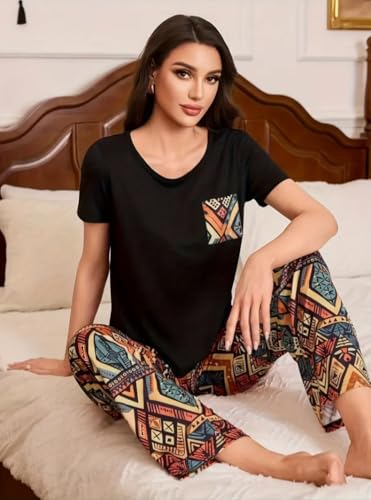 Image of Celary Women's Cotton Blend Printed Night Suit Set||Soft & Breathable Short Sleeve Top & Ethnic Print Pyjama Set||Also Available in Plus Size||Korean Night Suit||Comfortable Home Wear & Sleepwear