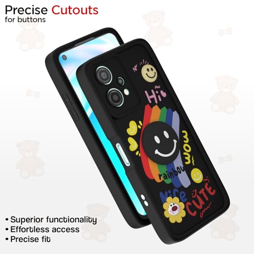 Image of Pikkme Back Cover for OnePlus Nord Ce 2 Lite 5G | Soft Silicone| Cute Rainbow Smile & 3D Cartoon Flower Design | Shockproof Raised Camera Protection Bumper Case (Black)