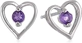 Sterling Silver Genuine Amethyst Open Heart Stud Earrings