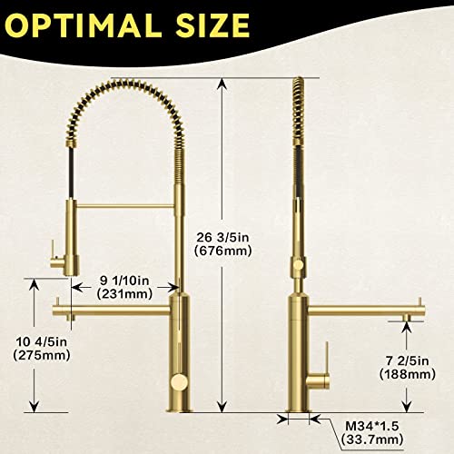 Cwm Brushed Gold Kitchen Faucet With Pull Down Sprayer And Pot Filler,2-Function High Arch Single Handle Commercial Style Kitchen Faucets With Spring Spout For Kitchen Sink,26.61Inch #TOP1