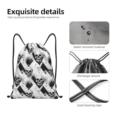 Drawstring Backpack - Retro White Black Skull Print Small Drawstring Gym Bag for Women Men, Sports Cinch String Bag Backpack for Travel Swimming Beach3