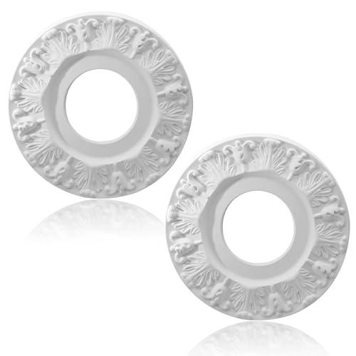 Image of Uenhoy 2 Pcs Lighting Ceiling Medallions for Light Fixtures and Ceiling Fans, 10 inch OD White Carved Flower Ceiling Cover Plate, PU Ceiling Fan Medallion 10 inch OD x 4 inch ID
